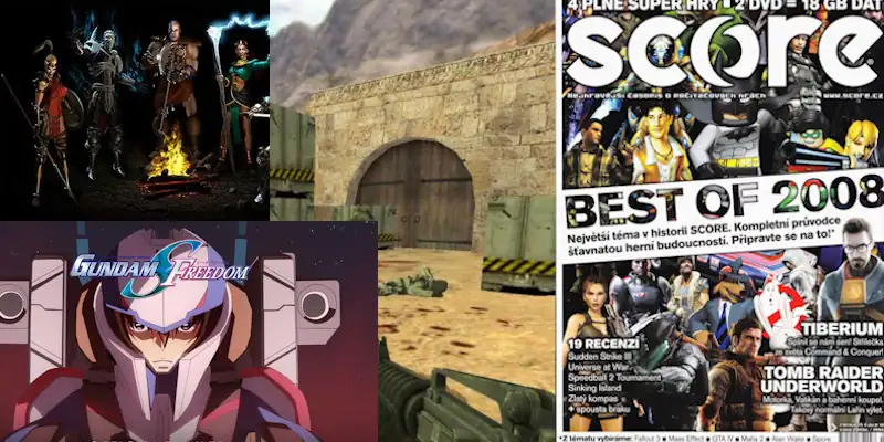 A collage showing the author's history with classic games like Diablo 2, Wolfenstein, and SCORE magazine, and anime like Gundam Seed.