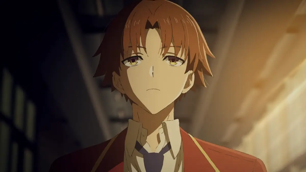 Kiyotaka Ayanokoji looking stoic in a school hallway from Classroom of the Elite Season 4.