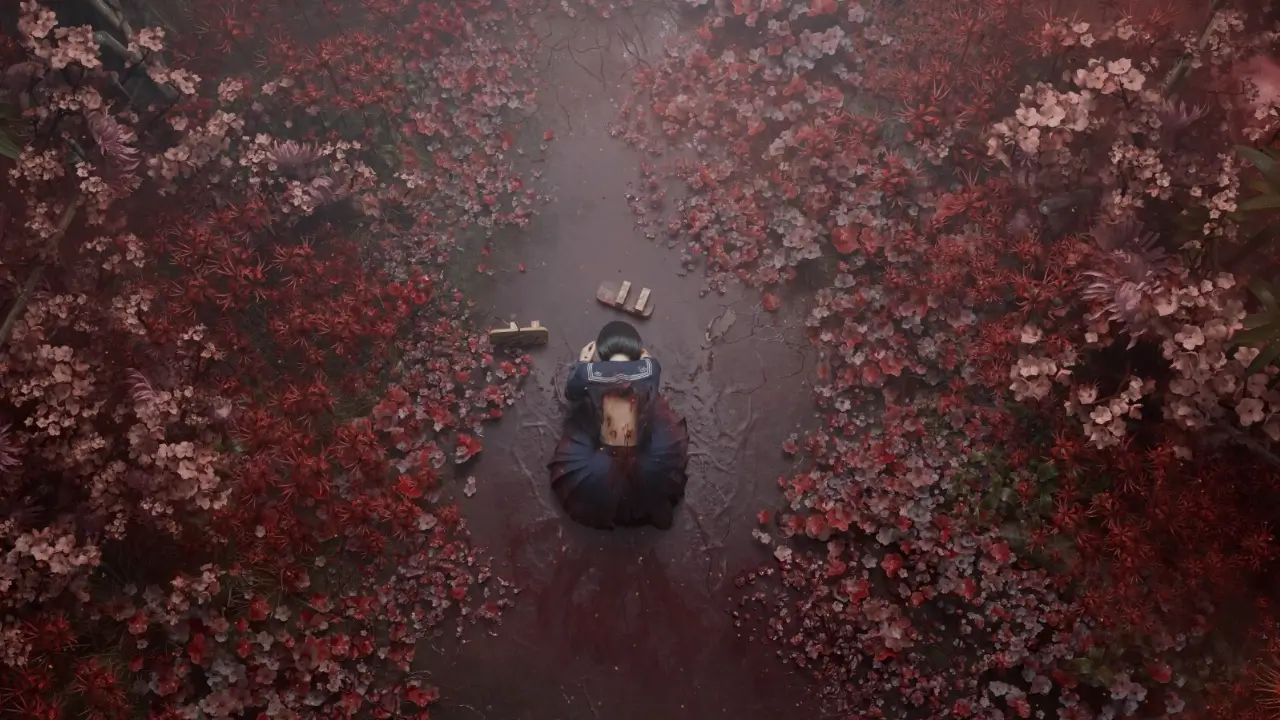 An overhead view illustrating the story of Silent Hill F, showing the protagonist kneeling on a path surrounded by a beautiful but unsettling sea of red flowers.